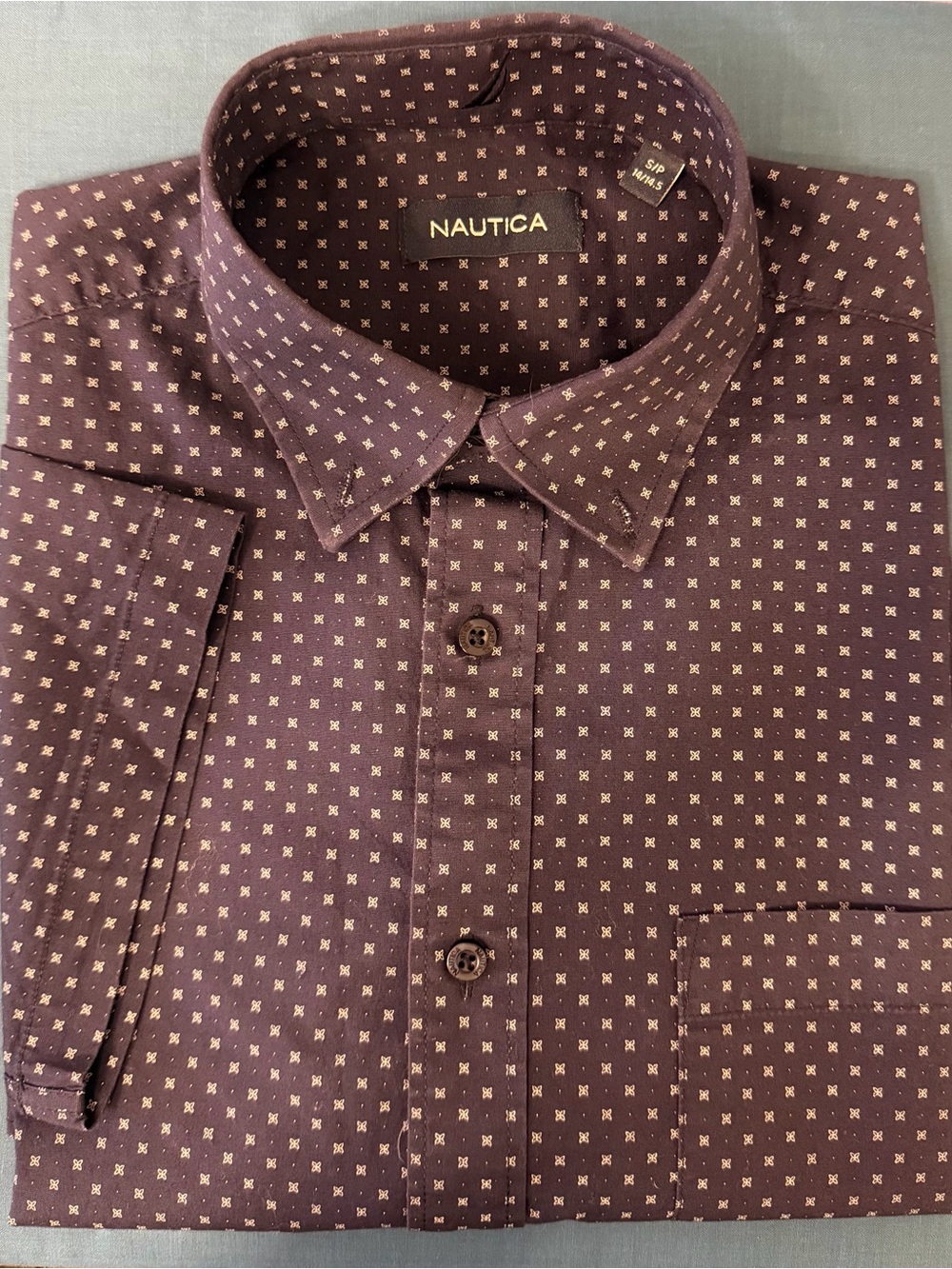 Nautica Men's Burgundy Short-Sleeve Patterned Button-Down Shirt